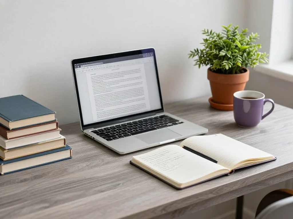 Espace de travail ordonn� avec des livres vari�s illustrant une approche pluridisciplinaire et d�cloisonn�e.