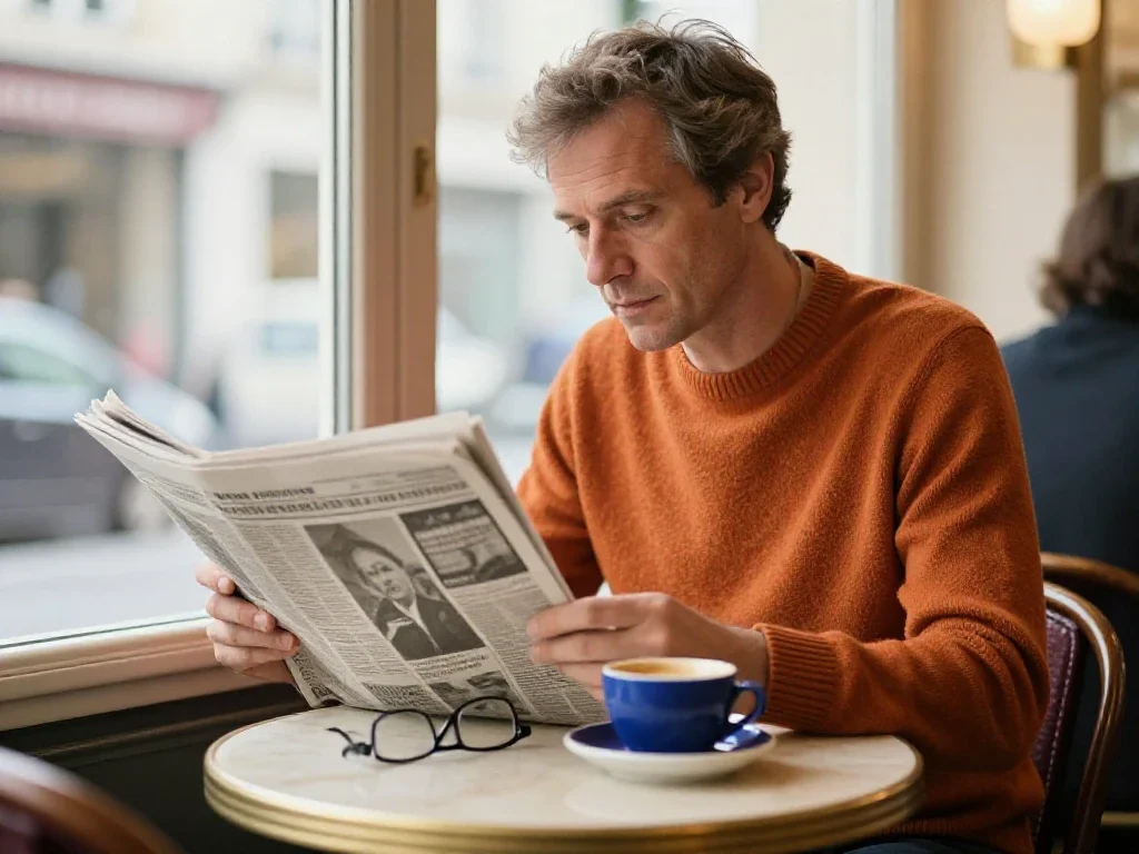 Lecteur attentif feuilletant un journal au café, symbolisant la curiosité pour le monde environnant.