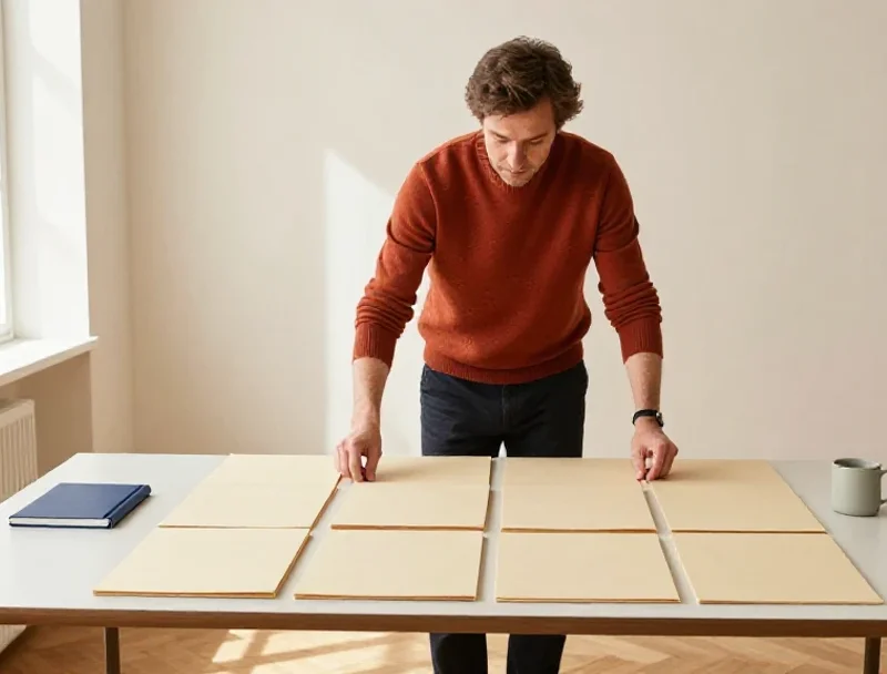 Un professionnel organise huit dossiers sur un bureau, illustrant la clarté des rubriques thématiques.